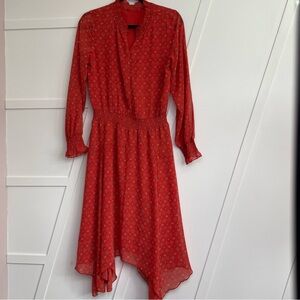 Red Asymmetrical Dress with Cuffed Sleeves